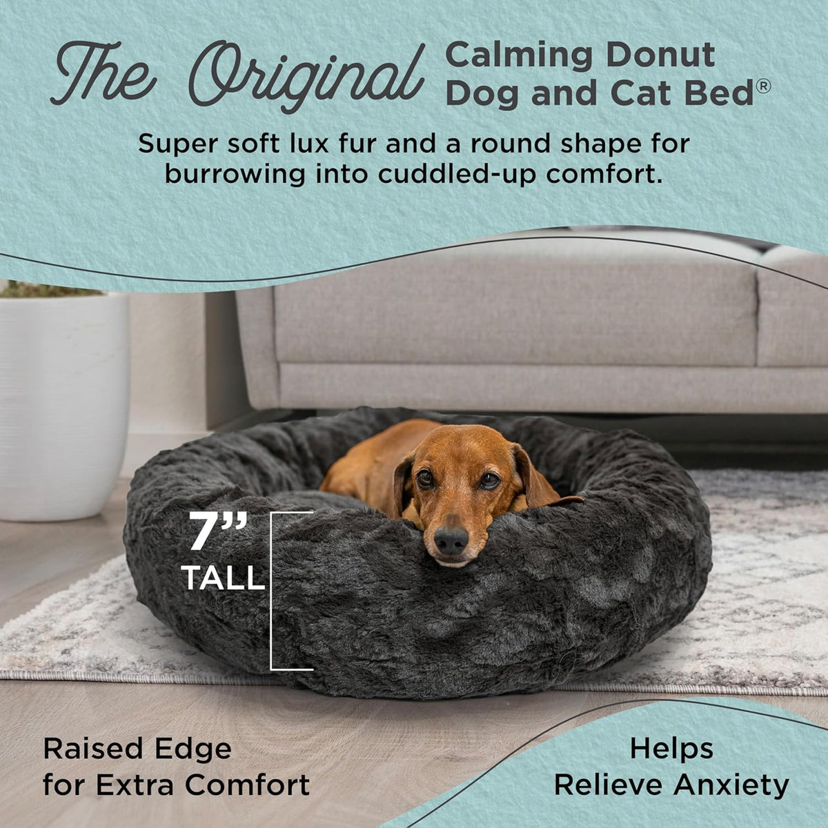 Best Friends by Sheri Original Calming Donut Dog and Cat Bed, Lux Faux Fur, Mink Dark Gray, (23in x 23in) - Anxiety Relief for Pets Up to 25 lbs