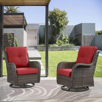 Belord 5 Piece Outdoor Patio Furniture Set - Wicker Furniture Patio Conversation Set, Outdoor Swivel Rocker Chairs with 3-Seater Sofa and 2 Ottomans for Small Space, Red Cushion