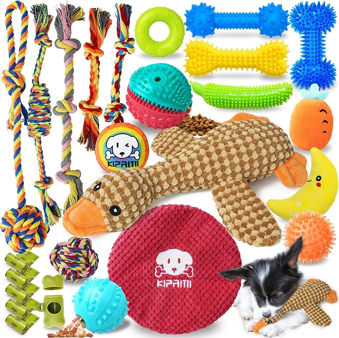 KIPRITII Puppy Teething Chew Toys -25 Pack Dog Chew Toys with Rope Toys, Dog Treat Balls & Squeaky Toy for Puppy and Small Dogs