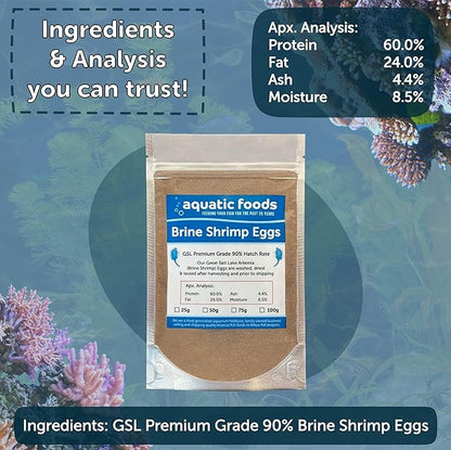 Aquatic Foods Inc. Brine Shrimp Artemia Eggs, Premium Grade 90% Hatch Rate from The Great Salt Lake, Utah, USA 3.53oz - 100 Grams