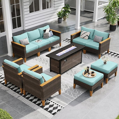 Sophia & William Patio Furniture Set with 56" Fire Pit Table, 10PCS Outdoor Wicker Sectional Conversation Set with 4 Corner Sofa, 3 Single Couch, 2 Ottoman & Fire Pit Table(Aqua Blue)