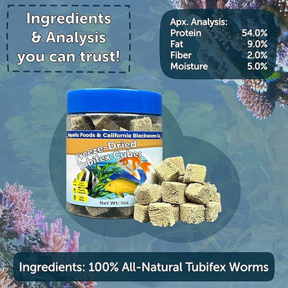 Aquatic Foods Inc. Tubifex Worms, Freeze Dried Tubifex Worm Cubes for Cichlids, Discus, Bettas, Marine Fish, Goldfish, All Tropical Fish, 4-Type Wafer Mix & 12-Type Pellet Mix Included..1oz Canister