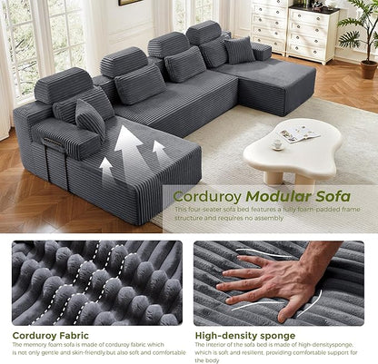 141" U-Shaped Cloud Modular Sectional Sofa with Chaise & Headrest, Boneless Deep Seat Plush Corduroy Couches for Large Living Room, No Assembly Required (Dark Gray, 141" U-shapred Chaise)