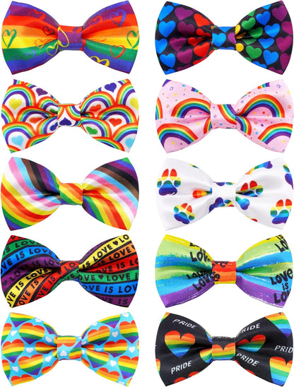 PET SHOW 10 Pack Pride Month Big Dog Bow Ties for Large Medium Dogs Sliding Collar Attachments Rainbow Bowties LGBT Bowknots Party Holiday Pet Grooming Accessories(Large)