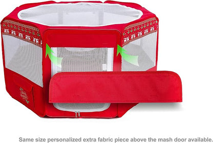 Pawer 45"x24" 8-Panel Foldable Pet Playpen, Red with Christmas Pattern Printing,Personalize Extra Fabric Piece Available, for Cat/Dog/Puppy, 600D Oxford Cloth Portable Kennel with Carry Bag