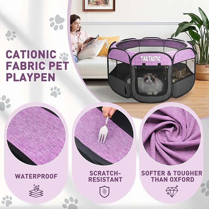 Portable Pet Playpen for Small Dogs & Cats, Foldable Puppy Safety Pen with Removable Zipper Top, Breathable Mesh Dog Delivery Room, Indoor Isolation Cage for Kittens/Rabbits (Purple, Small)