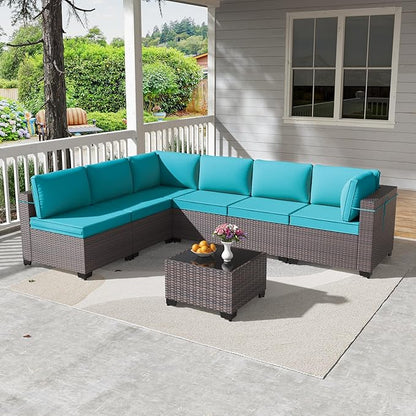 Kullavik 7 Pieces Outdoor Patio Furniture Set,Wicker Outdoor Sectional Sofa,All-Weather Patio Conversation Sets with Washable Thick Cushions & Coffee Table for Garden,Backyard,Balcony,Porch,Blue