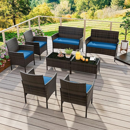 HAPPYGRILL 8 Pieces Outdoor Rattan Conversation Set, Patio Wicker Furniture Set with Loveseat Chairs & Tempered Glass Coffee Table, Outside Sectional Sofa Set for Backyard Garden Poolside, Blue