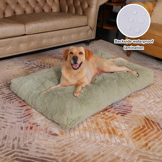 Bedfolks Waterproof Crate Bed, Plush Dog Kennel Pad with Removable Cover, Faux Fur, Washable, 41"x27", Sage Green