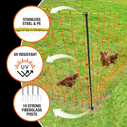 Pet & Livestock HQ Electric Fence Poultry Netting 48" x 164' - Portable Pre-Assembled Electric Net Fencing for Goats, Sheep, Lambs in Farms, Ranches, and Gardens (19 Posts, 2 Spikes)