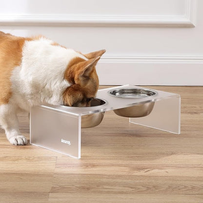 DBL2000K Keaton 5" Small/Medium Modern Acrylic Rectangular Elevated Pet Feeder with 20oz 2-Stainless Steel Bowls, Moon White/Chrome