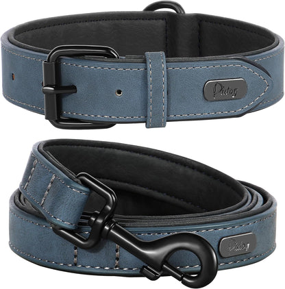 Didog Soft Padded Leather Dog Collar and Leash Set, Adjustable Dog Leash and Collar Set with Metal Buckle, Breathable Dog Collars with 4FT PU Leather Dog Leash for Small Medium Dogs, Blue, M