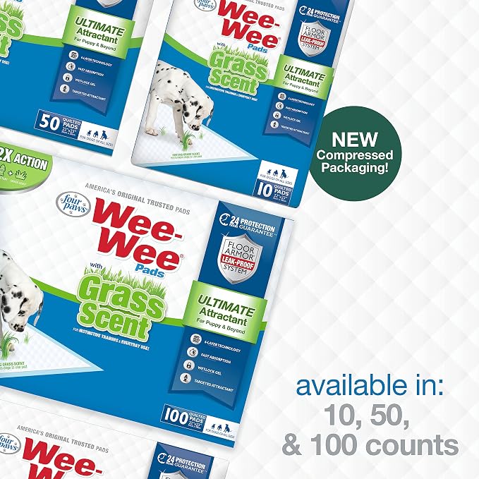 Four Paws Wee-Wee Ultimate Attractant Dog Pee Pads, Grass Scent, 100 Count | Smells like real grass, leak-proof puppy pads, dog housebreaking & potty training, 24-hour floor protection, 22" x 23"