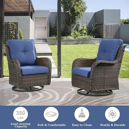 Belord Wicker Patio Furniture Sets - 8 Piece Outdoor Rattan Furniture Conversation Sets with 4 Swivel Rocker Chairs, Rattan Sofa, Wicker Ottomans and Coffee Table, Brown/Blue