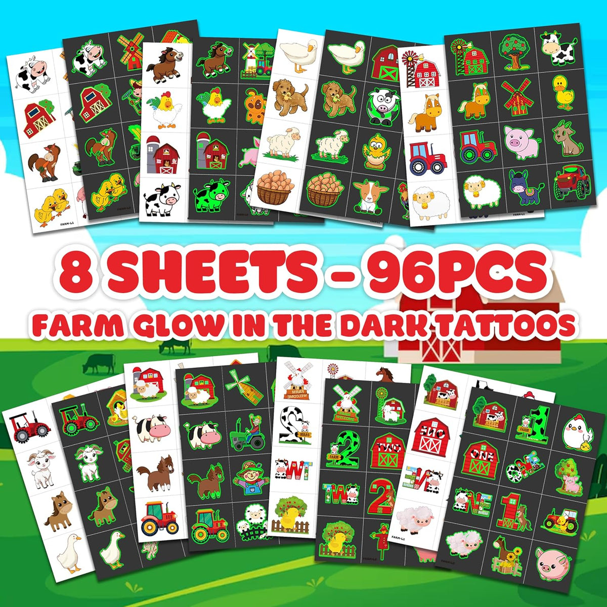 96 PCS Farm Barnyard Animal Glow In The Dark Pre-Cut Temporary Tattoos Sticker 1st First 2nd Birthday Decorations Party Favors Supplies Gift Boy Girl Farmhouse Tattoo School Reward Themed (Luminous)