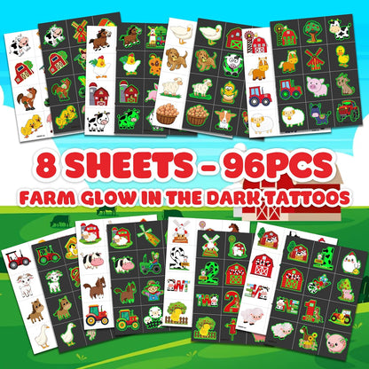 96 PCS Farm Barnyard Animal Glow In The Dark Pre-Cut Temporary Tattoos Sticker 1st First 2nd Birthday Decorations Party Favors Supplies Gift Boy Girl Farmhouse Tattoo School Reward Themed (Luminous)