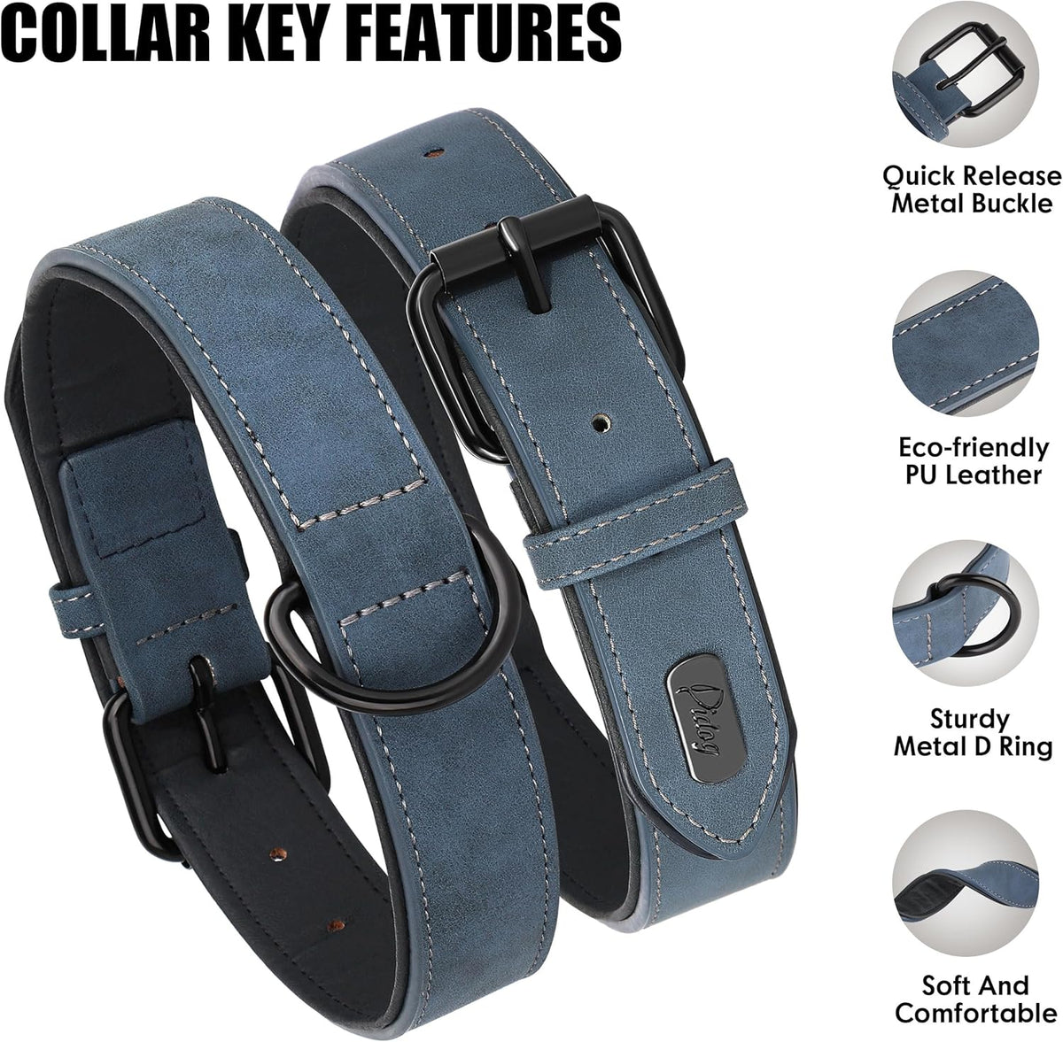 Didog Soft Padded PU Leather Dog Collar, Breathable and Adjustable Dog Collar for Large Dogs, Comfortable for Daily Walk, Blue, XL Fit Neck 17-21"(44-71 lbs)