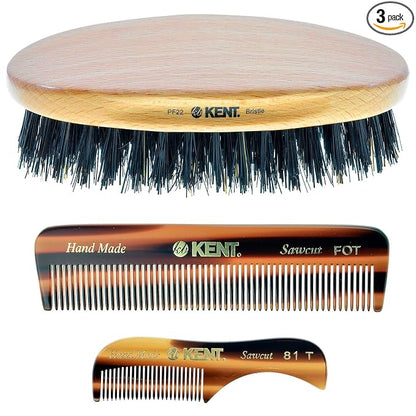 Kent Set of 3, 81T Small Beard and Mustache Comb, Fot All Fine Pocket Comb and PF22 Hair Brush and Beard Bruh, Best Beard and Mustache Grooming Kit for Travel and Home Beard Care, Made in England