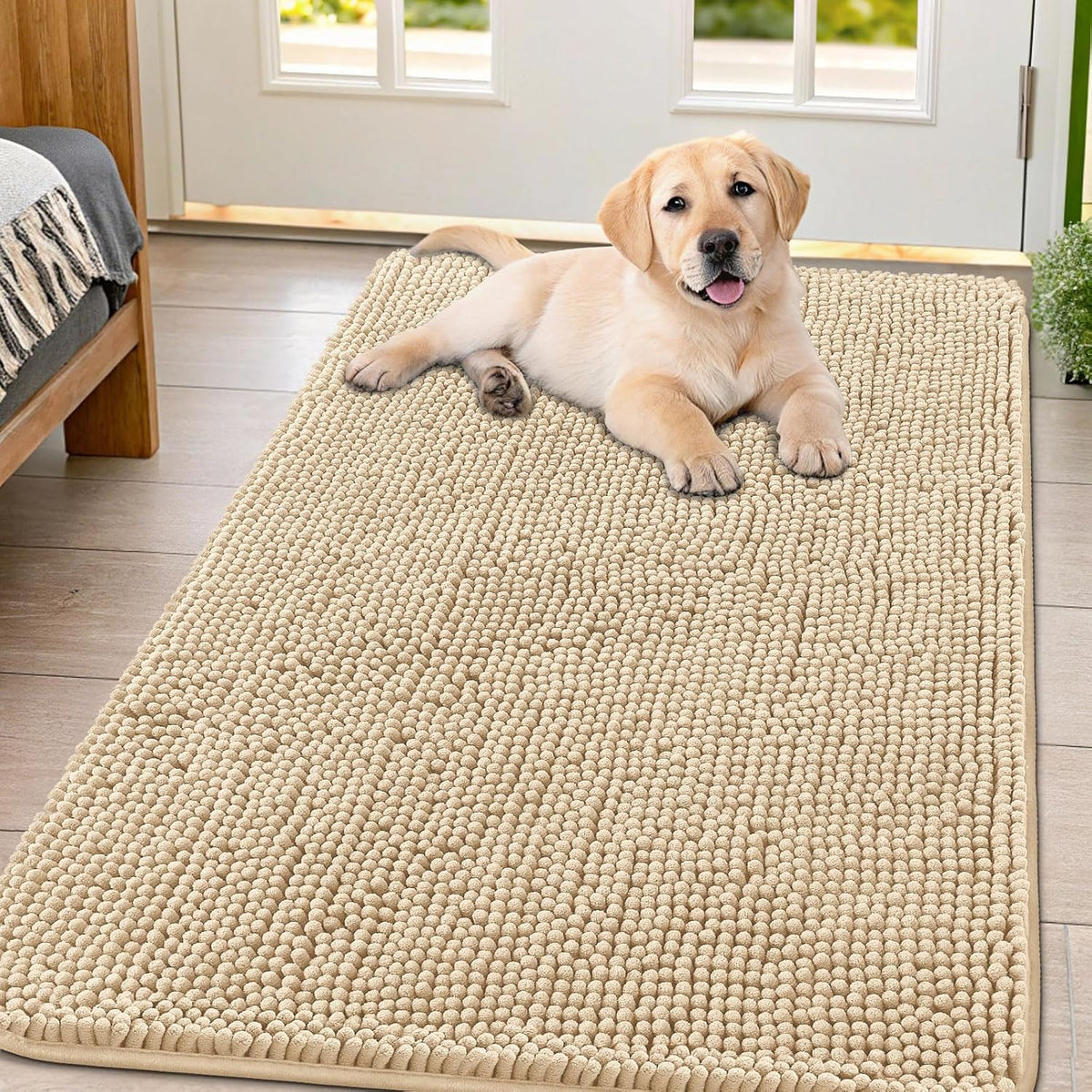 Smiry Dog Door Mat for Muddy Paws 54x32, Absorbs Moisture and Dirt Doormat, Non-Slip Washable Quick Dry Chenille Front Door Mat Indoor Entrance, Entryway Carpet for Inside Floor, Beige