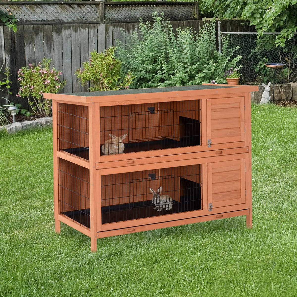 PawHut 54" 2-Story Large Rabbit Hutch Bunny Cage Wooden Pet House Small Animal Habitat with Lockable Doors, No Leak Tray and waterproof Roof for Outdoor/Indoor Orange