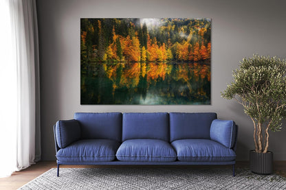 Nature Wall Art Prints - Ocean Forest Mountain Lake Canvas Landscapes - Small to Extra Large Living Room Bedroom Kitchen Bathroom Décor (Autumn by the Lake, 24L" x 36W")