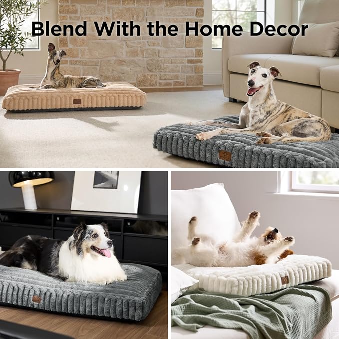 Bedsure ComfyFleece™ Fluffy Balanced Support XL Dog Bed,47x29 | Golden Ratio Chopped Foam & PP Cotton, Upscale Home Decor,Waterproof Liner, Removable Washable Cover, Nonslip Bottom,Cream