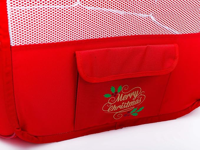 Pawer 45"x24" 8-Panel Foldable Pet Playpen, Red with Christmas Pattern Printing,Personalize Extra Fabric Piece Available, for Cat/Dog/Puppy, 600D Oxford Cloth Portable Kennel with Carry Bag