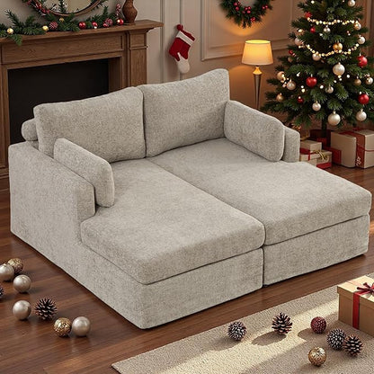 Arouseden 63"Oversized Chaise Lounge Taupe,Comfy Sectional Couches For Living room with Armrests and Throw Pillows,Wide Chaise Lounge Chair Indoor,Chenille Lounge Chair with Headrest for Neck Support