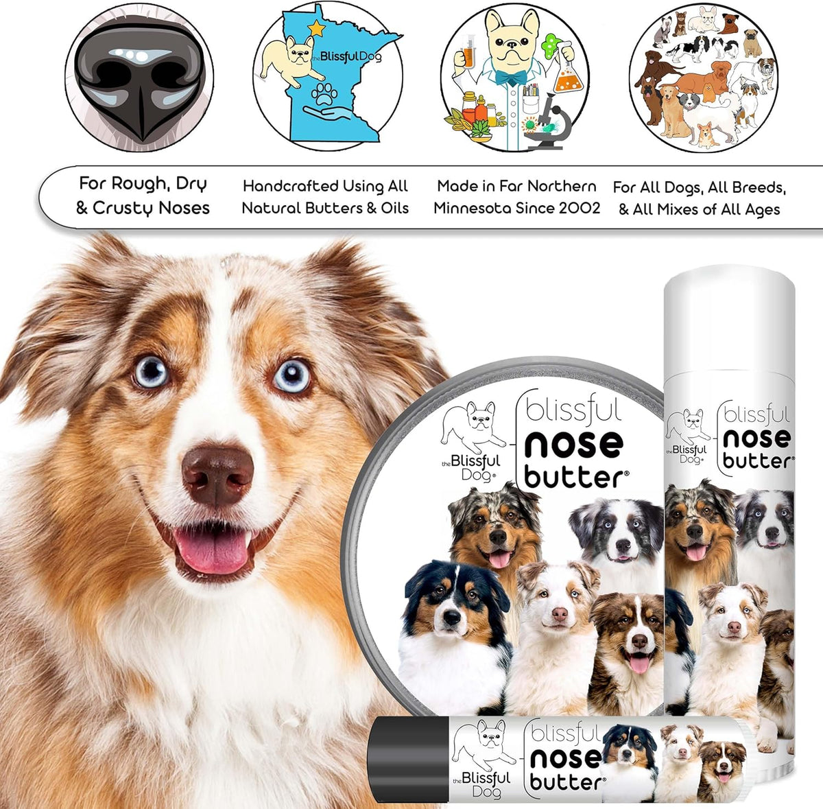 The Blissful Dog Australian Shepherd Nose Butter for Dry, Cracked Skin, Lick-Safe Dog Nose Balm with Moisturizing Shea Butter, Almond, Olive, and Essential Oils, Pet Supplies, Uncented, 8 oz.