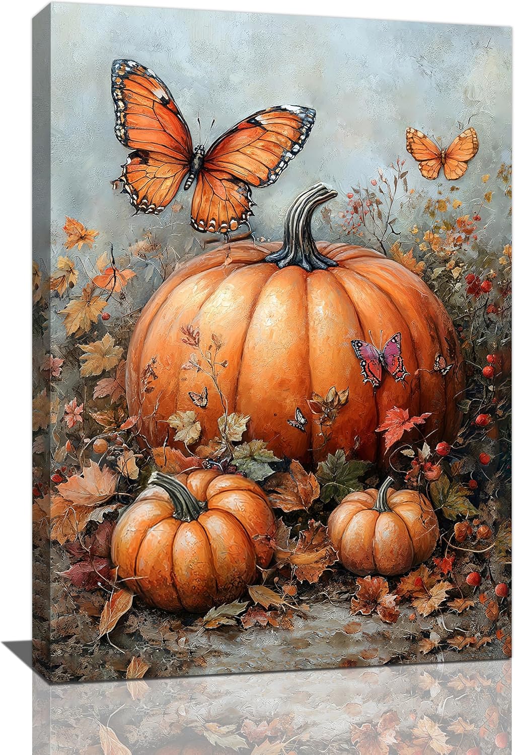 Fall Pumpkin Pictures Wall Art, Rustic Thanksgiving Bathroom Wall Decor, Farmhouse Autumn Butterfly Framed Painting Canvas Artwork for Harvest Gift Bedroom Living Room Decorations 24"L x 16"W