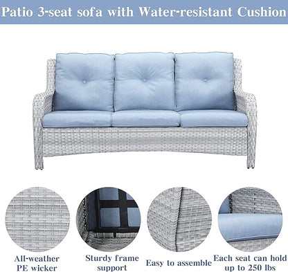 Belord Wicker Patio Furniture Sets - 13 Piece Outdoor Rattan Furniture Conversation Sets with 4 Swivel Rocker Chairs, 2 Rattan Sofas, Wicker Ottomans and Coffee Table, Light Grey/Baby Blue