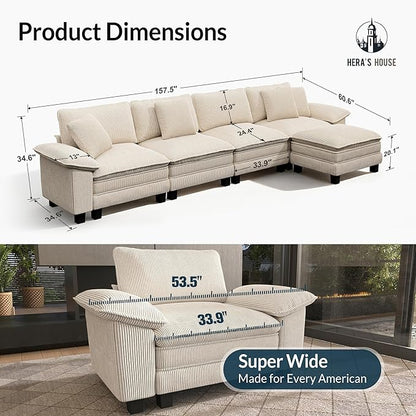 HERA'S HOUSE 158" Modular Sectional Sofa, Oversized L Shaped Couches for Living Room, Comfy Cloud Couch with Ottoman, 5-Seater Deep Seat Sofa with Throw Pillow, Corduroy Beige