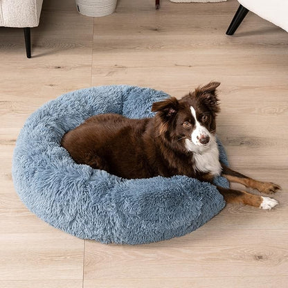 PetAmi Calming Dog Bed for Small Medium Dog Cat, Round Donut Washable, Fluffy Faux Fur Plush Cuddler Pet Kitten Cushion, Anti-Slip, Fits up to 45 lbs, 30 inch, Dusty Blue