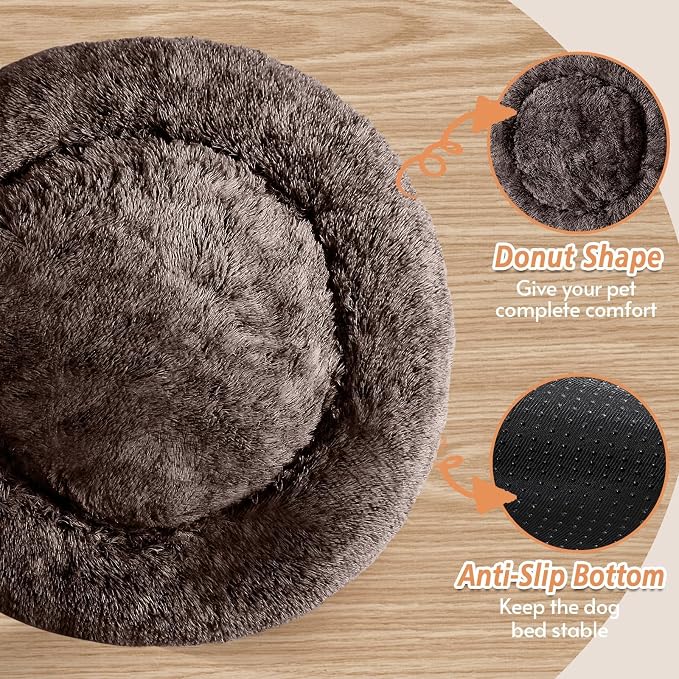 JOLLYVOGUE Calming Dog Beds Large Sized Dog, 36in Donut Washable Large Pet Bed, Anti-Slip & Anti-Anxiety Fluffy Faux Fur Round Dogs Bed, Fits up to 80 lbs Pets （Chocolate）