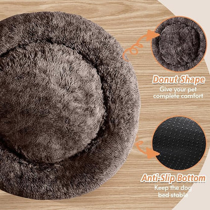 JOLLYVOGUE Calming Dog Beds Large Sized Dog, 36in Donut Washable Large Pet Bed, Anti-Slip & Anti-Anxiety Fluffy Faux Fur Round Dogs Bed, Fits up to 80 lbs Pets （Chocolate）