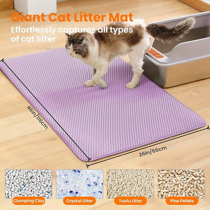 Jumbo Cat Litter Mat, 46x26 Inches Double Layer Honeycomb Litter Trapping Mat, Non Slip Waterproof Urine Proof Extra Large Cat Litter Box Mat, Kitten Supplies and Essentials, XXL, Purple