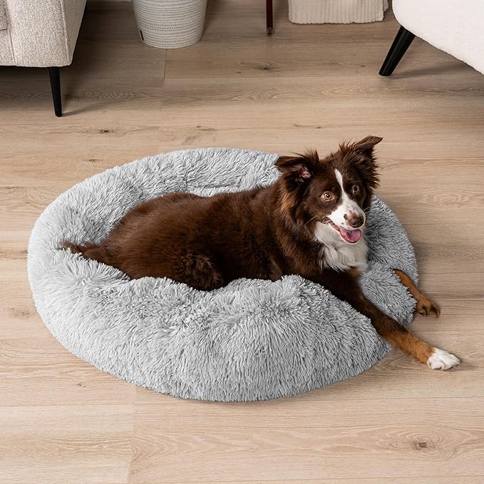 PetAmi Calming Dog Bed for Small Medium Dogs and Cats, Round Donut Washable Fluffy Faux Fur Plush Cuddler Pet Kitten Cushion, Anti-Slip, Fits up to 45 lbs, 30 inch, Light Gray