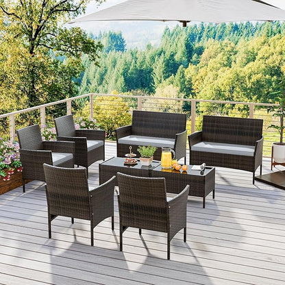HAPPYGRILL 8 Pieces Outdoor Rattan Conversation Set, Patio Wicker Furniture Set with Loveseat Chairs & Tempered Glass Coffee Table, Outside Sectional Sofa Set for Backyard Garden Poolside
