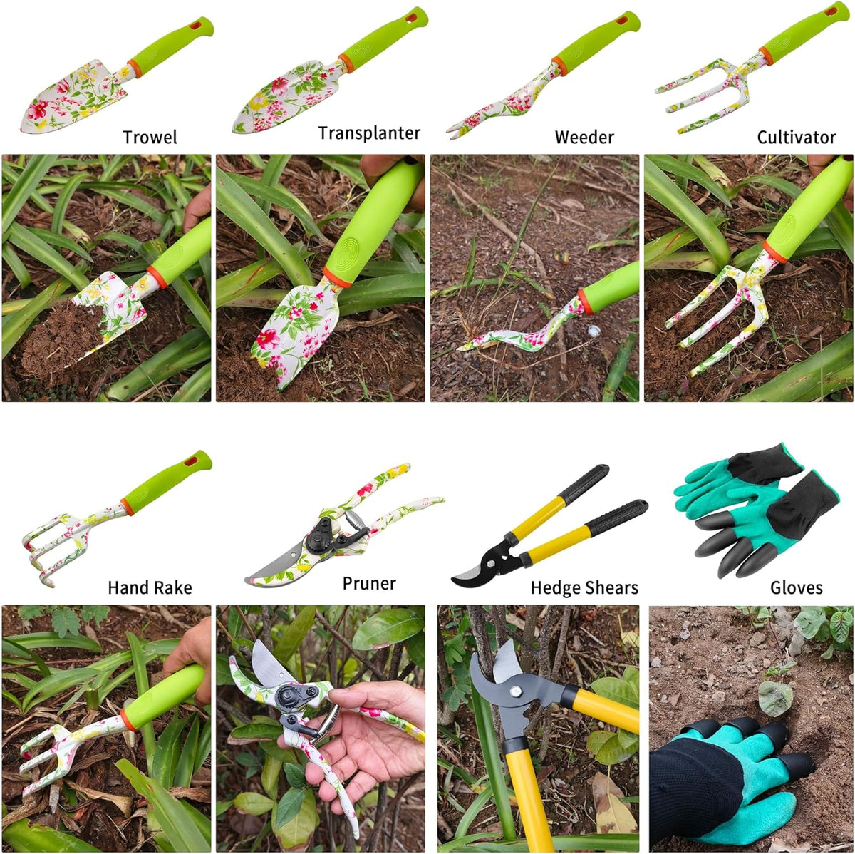 Gardening Tools – 42 Piece Premium Gardening Tool Set,Heavy Duty Hand Tools with Fashion Garden Tools Organizer Handbag,Rust-Proof Gardening Tool Kit, Ideal Gardening Gifts for Women(Pink Floral)