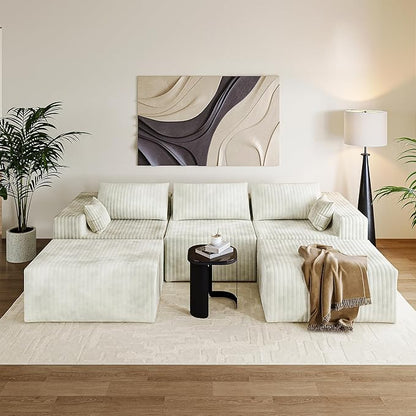 CABZOON 110" Cloud Couch Sectional for Living Room U-Shape Boneless Couches Modular Sectional Sofa with Deep Seat with Chaise,No Assembly Required, Carbon White(Plush Corduroy Fabric)