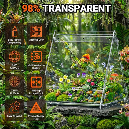 Triangular Jumping Spider Enclosure, Acrylic Terrarium with Magnetic Doors, 0.8mm Micro-Ventilation& Escape-Proof Design for Tarantulas, Lizards, Small Pets, 6.5"x7.3"x7"