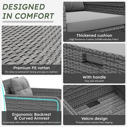 LHBcraft 5 Piece Patio Conversation Set Outdoor Patio Chairs with Ottomans Balcony Furniture with Soft Cushions & Coffee Table for Poolside Garden Balcony, Grey