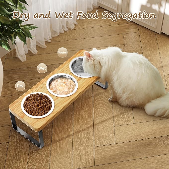 Elevated Cat Bowls with 3 Stainless Steel Bowls | 10° Tilted Anti-Vomiting Raised Cat Food Bowl for Small Cats and Puppies Pet Bowl with Stand