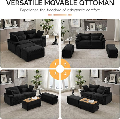 75" Corduroy Loveseat with Storage Ottoman & USB, Cloud Deep Seat Couch with Convertible Ottoman Coffee Table, Double Chaise Lounge for Living Room, Corduroy Black