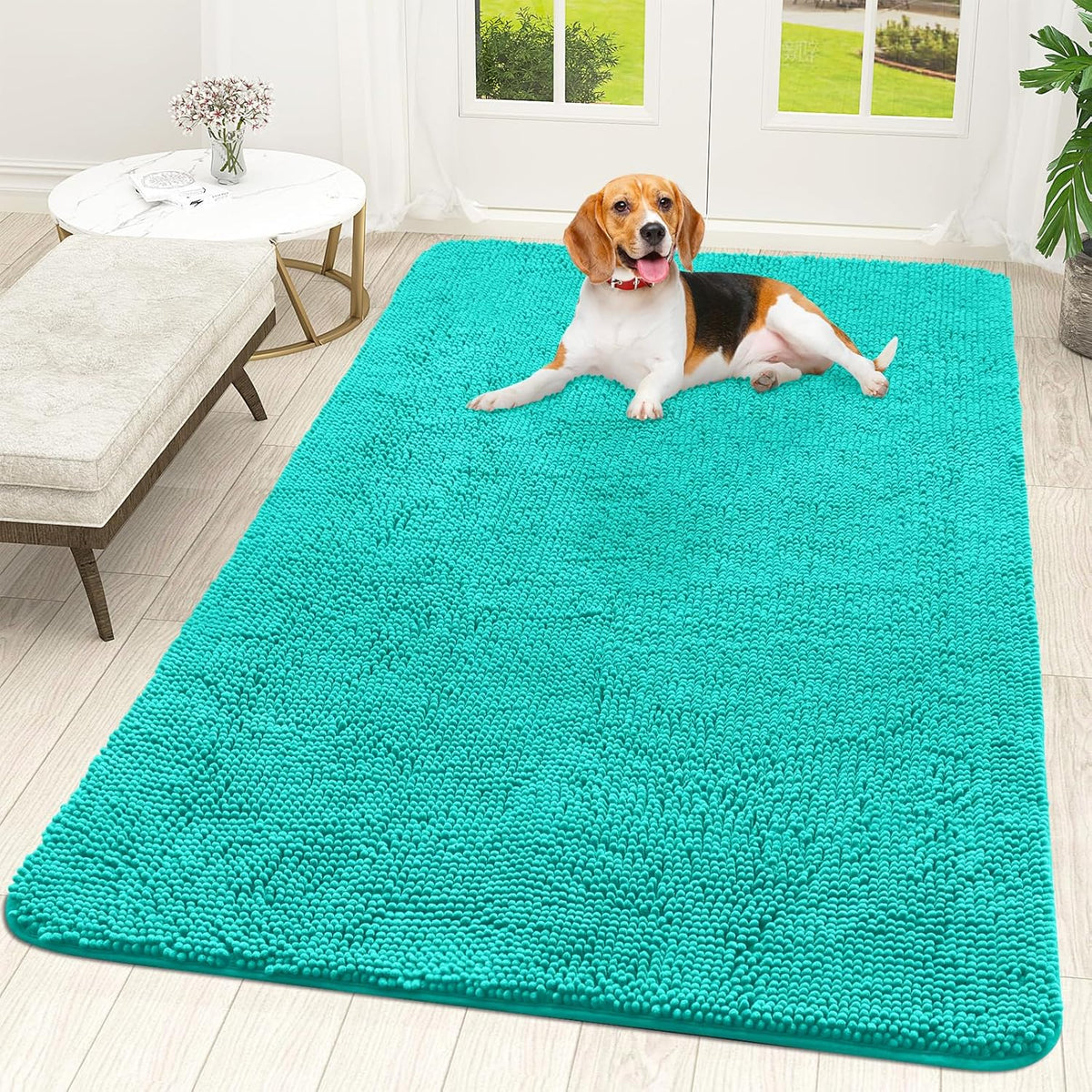 OLANLY Dog Door Mat for Muddy Paws 59x35, Absorbs Moisture and Dirt, Absorbent Non-Slip Washable Doormat, Quick Dry Chenille Mud Mat for Dogs, Entry Indoor Entryway Carpet for Inside Floor, Teal