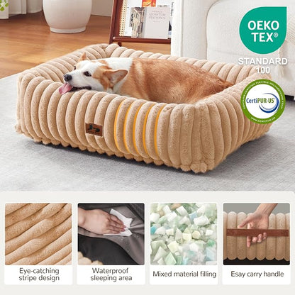 Dog Bed Medium Size Dog, Rectangle Orthopedic Pet Bed for Car and Indoor, Comfort Fluffy Memory Foam Dog Beds with Anti-Slip Bottom, Camel(30x24x8inchs)