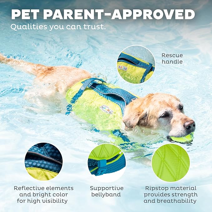 Outward Hound Standley Sport Dog Life Jacket, High-Performance Ripstop Dog Life Vest for Swimming, Boating, and Water Safety, Small, Green