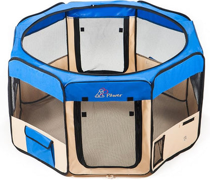 Pawer 36”×18.5” 8-Panel Foldable Pet Playpen, for Small Medium Cat/Dog/Puppy, Blue+Beige, 600D Oxford Cloth Portable Indoor & Outdoor Kennel with Carry Bag, Multiple Sizes & Colors Available
