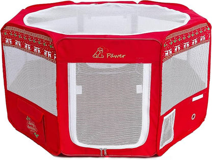 Pawer 45"x24" 8-Panel Foldable Pet Playpen, Red with Christmas Pattern Printing,Personalize Extra Fabric Piece Available, for Cat/Dog/Puppy, 600D Oxford Cloth Portable Kennel with Carry Bag