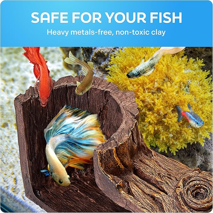 FISHNOSH Aquarium Cave | Natural-Looking Wood-Like BPA-Free Fish Tank Cave for Corners | 5.1” x 2” x 2.7” Fish Hideout for Aquarium | Guppy, Neon Tetra, Corydoras Catfish, Betta Hide | Tank Decor